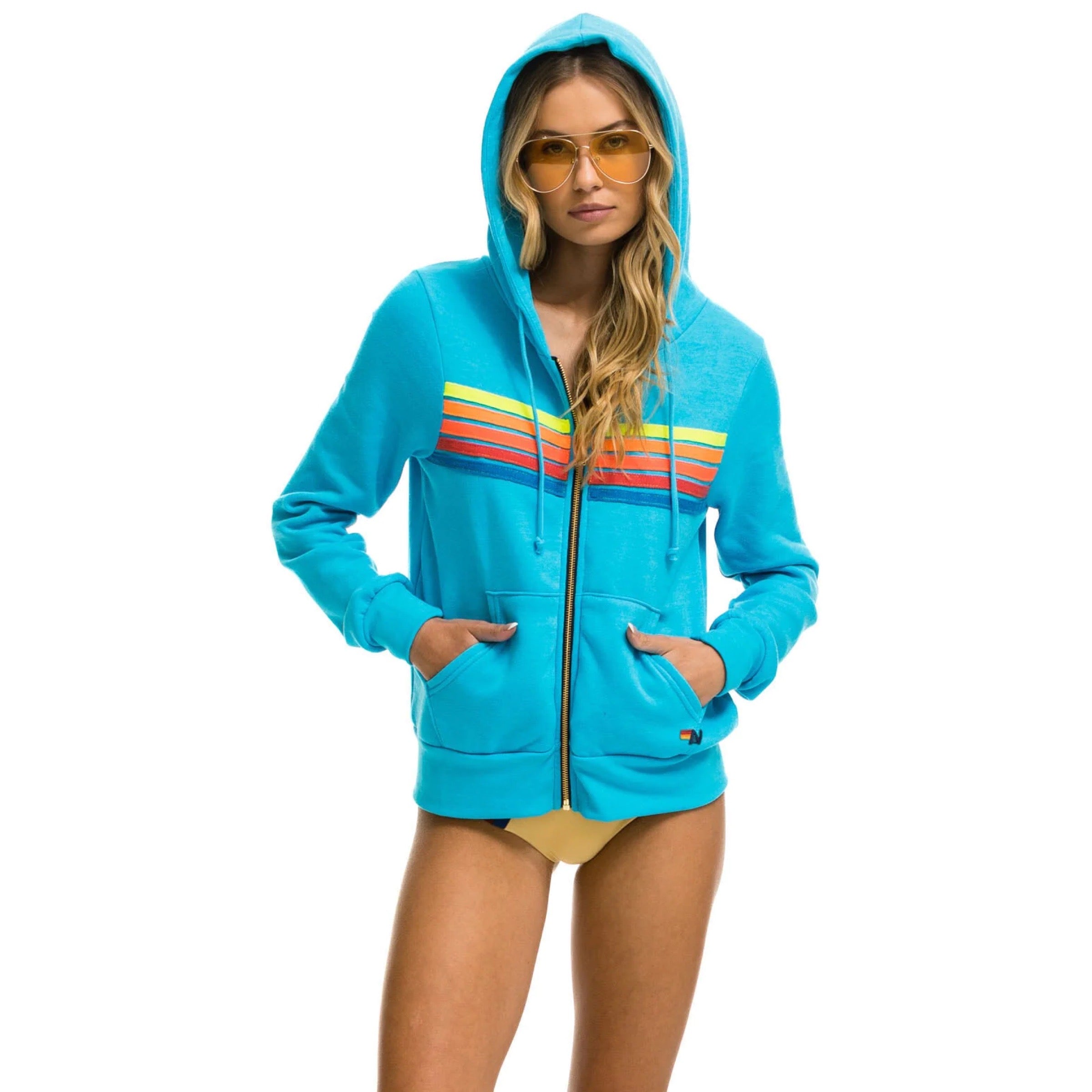 Aviator Nation neon buy blue zip up hoodie with neon stripes