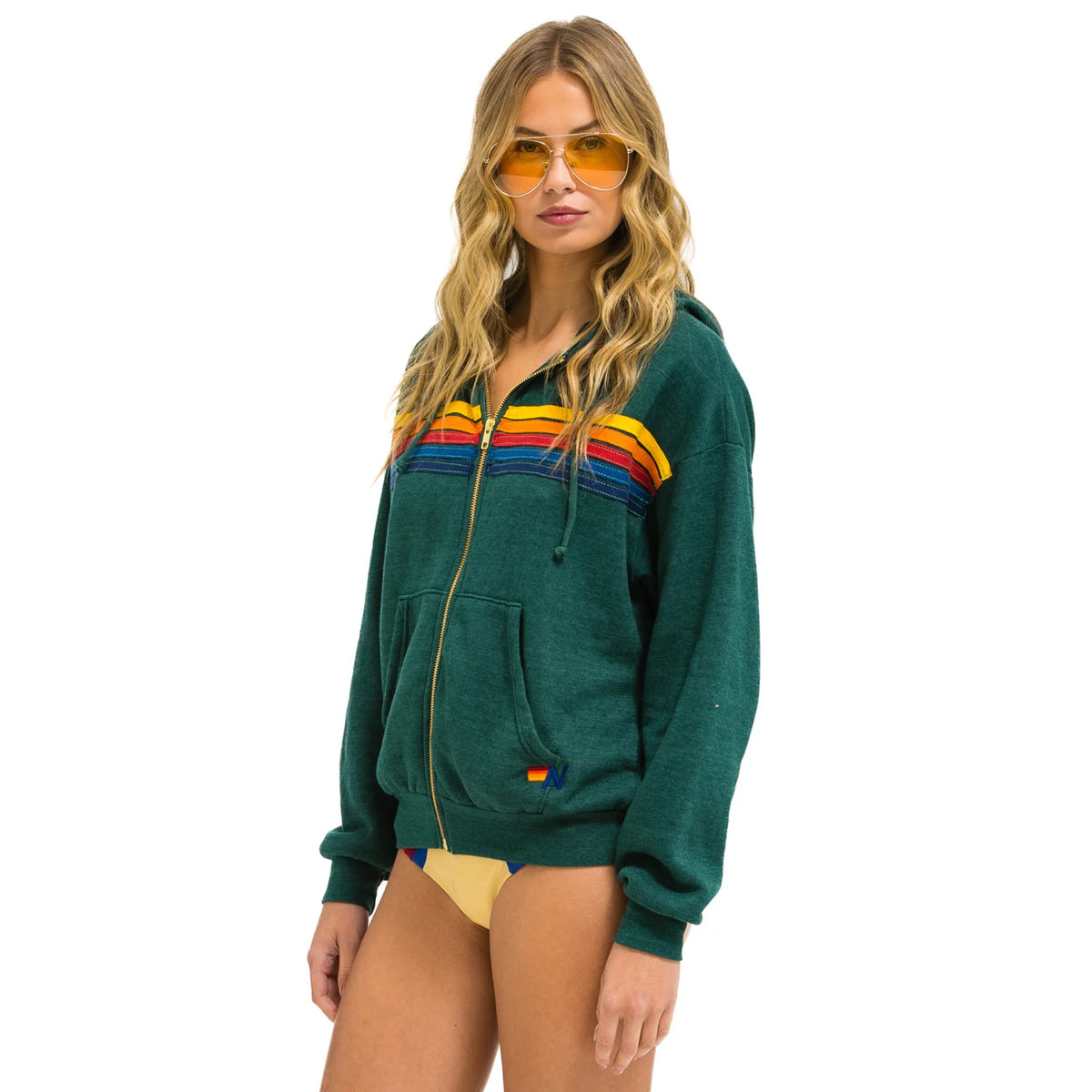 5 Stripe Zip Up Relaxed Hoodie Forest