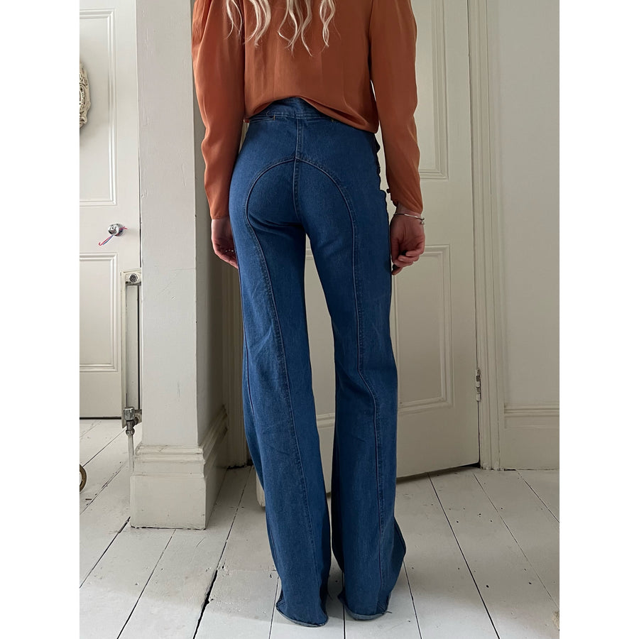 1970s saddleback flare jeans blue