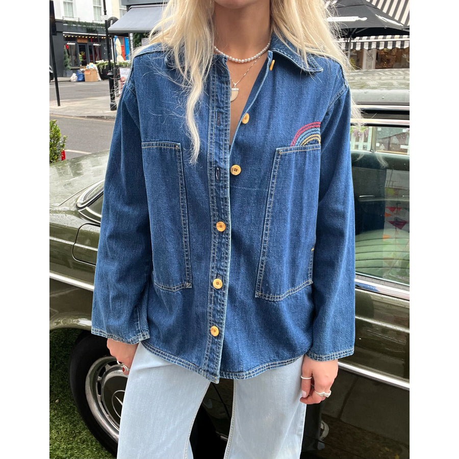 2000s denim jacket with rainbow topstitch