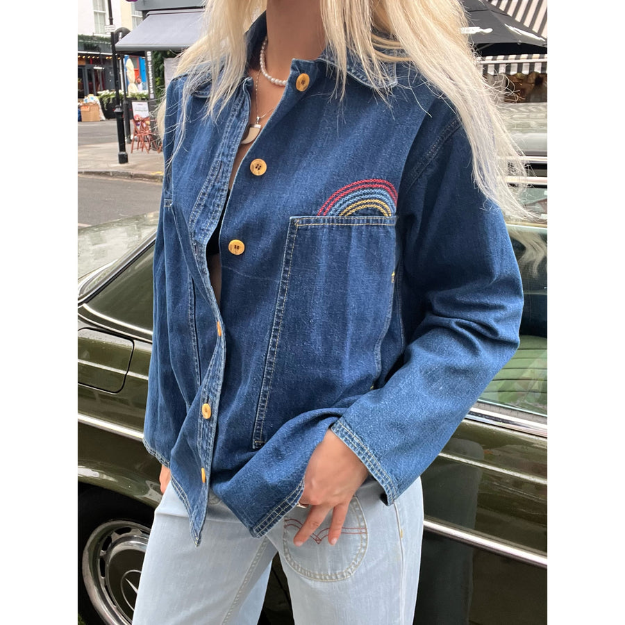 2000s denim jacket with rainbow topstitch