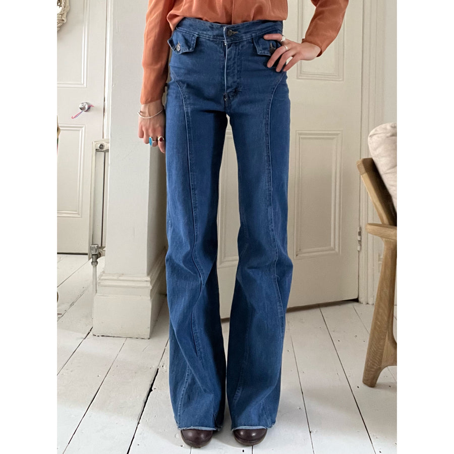 1970s saddleback flare jeans blue