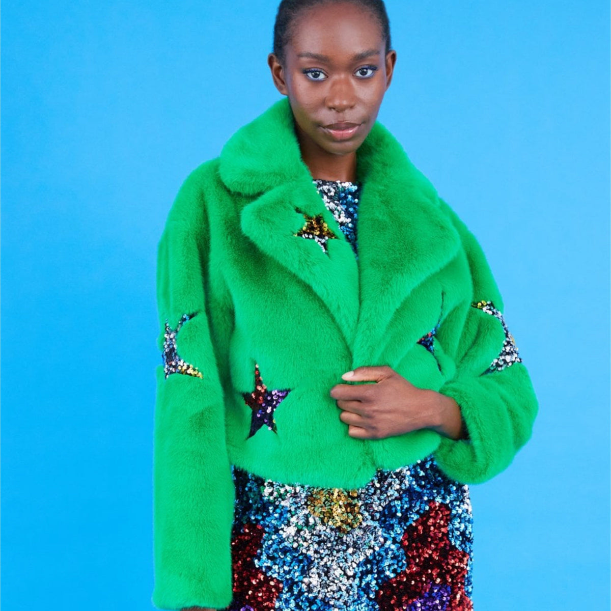 Faux Fur Star Jacket Green