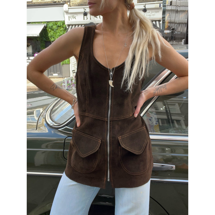 1970s suede zip vest brown