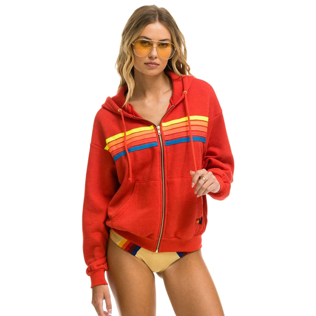 5 Stripe Relaxed Zip Hoodie Red/Neon Rainbow