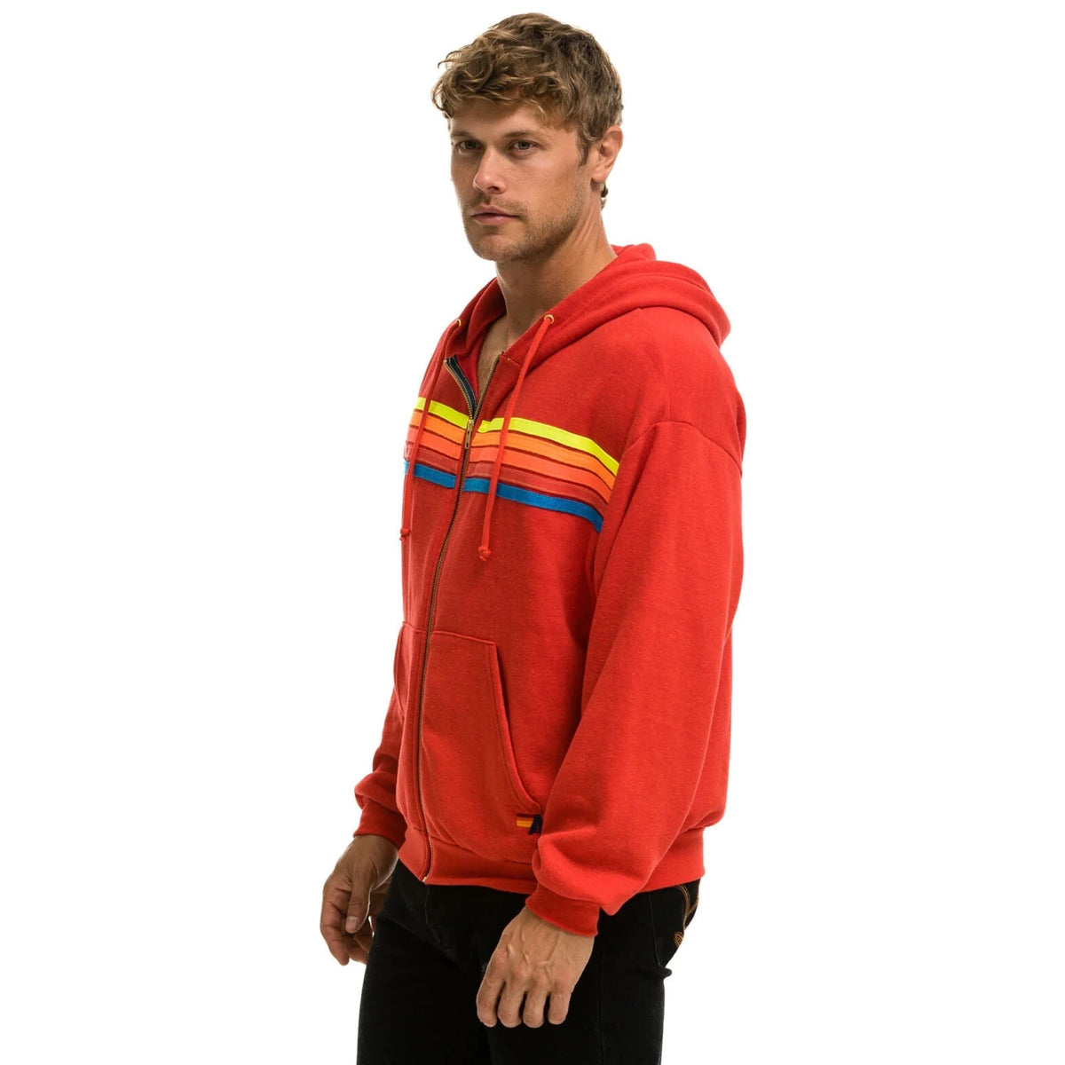 5 Stripe Relaxed Zip Hoodie Red/Neon Rainbow