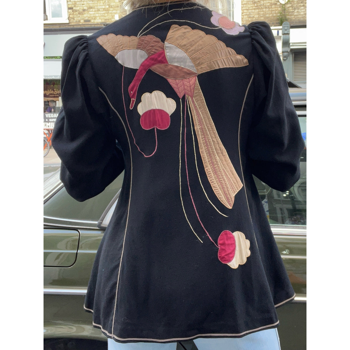 1970s crepe appliqué jacket black