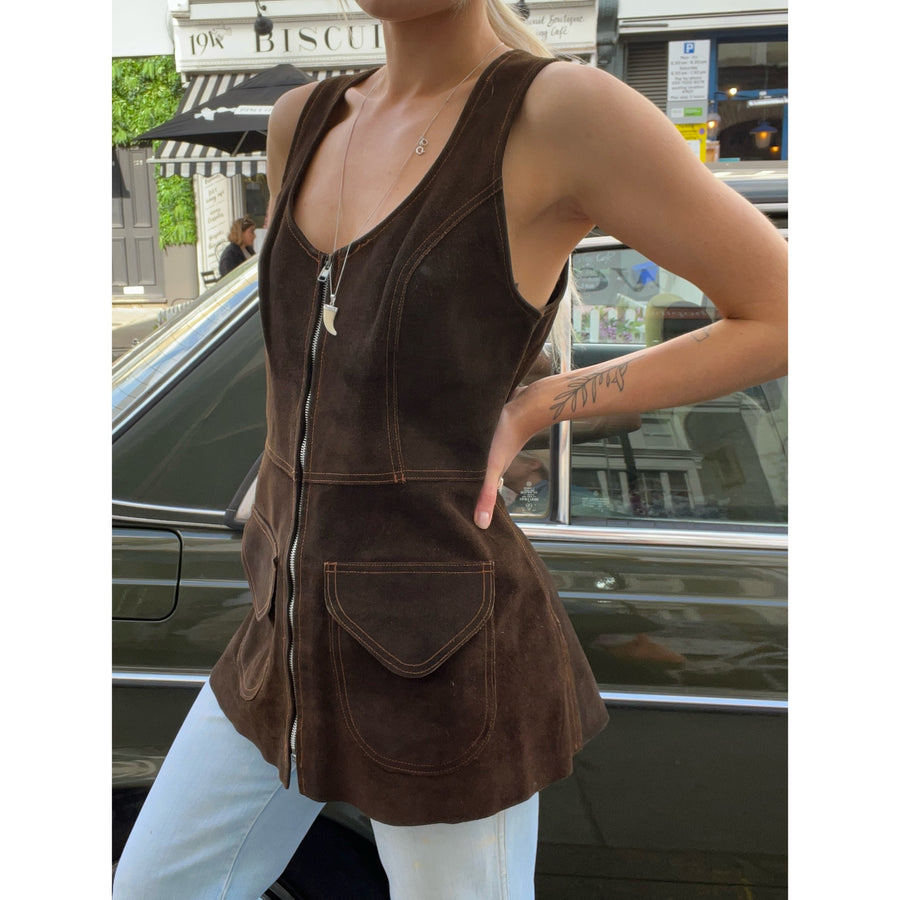 1970s suede zip vest brown