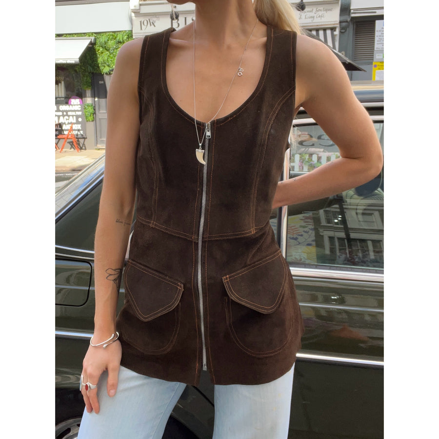 1970s suede zip vest brown