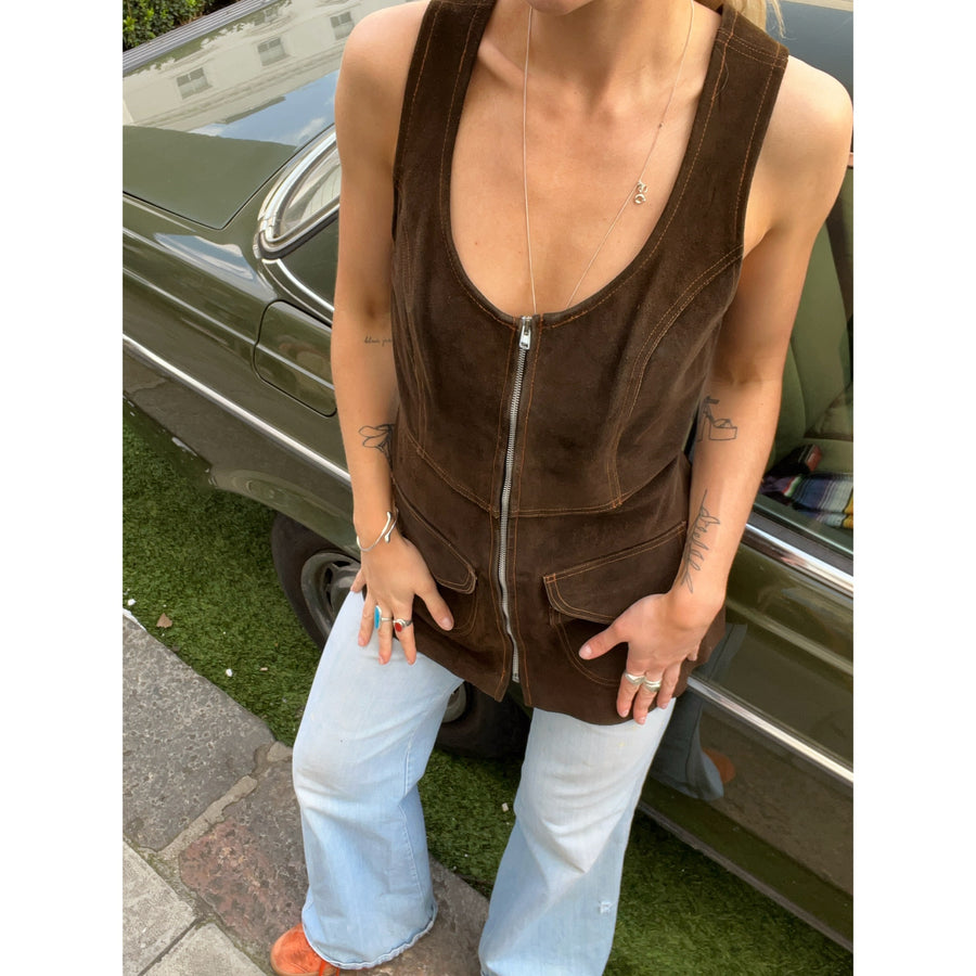 1970s suede zip vest brown