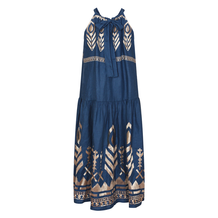 Kori Greek Archaic Long Feather Dress Halter Neck Indigo