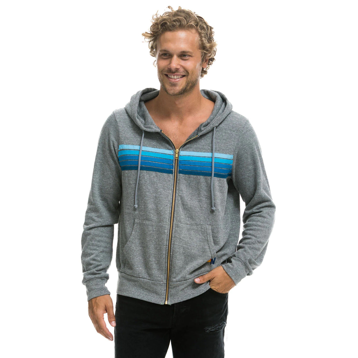 5 Stripe Zip Hoodie Heather Grey/Blue