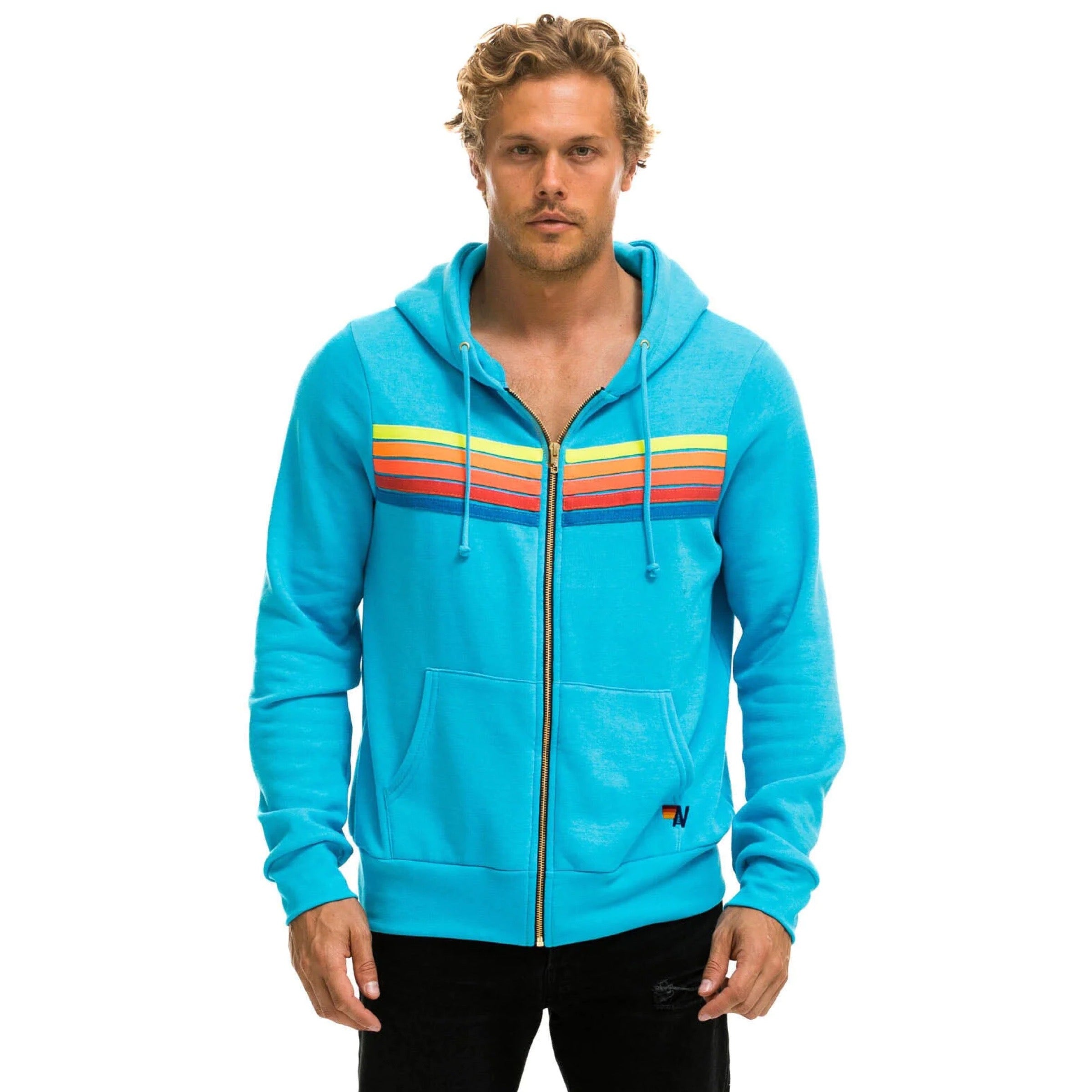 Aviator Nation neon buy blue zip up hoodie with neon stripes