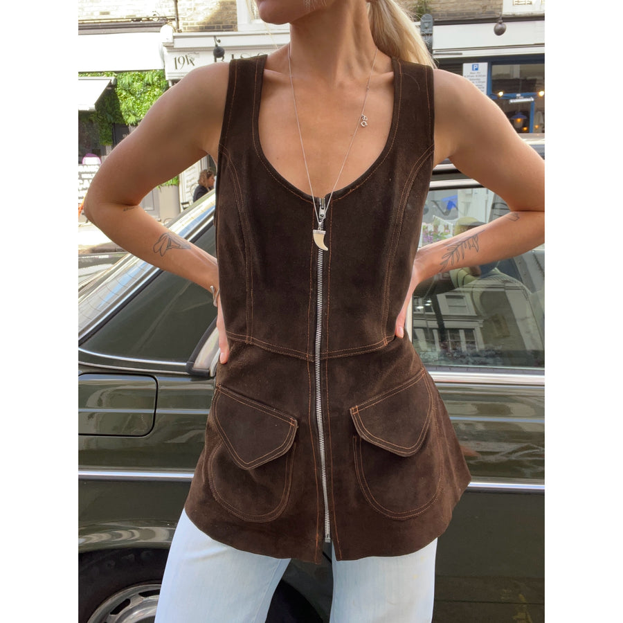 1970s suede zip vest brown