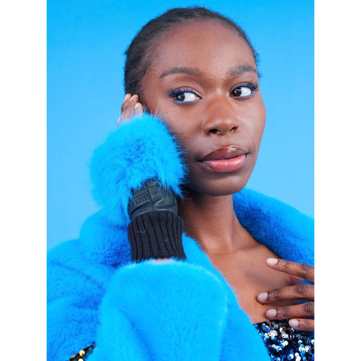 Faux Fur Electric Blue Fingerless Gloves