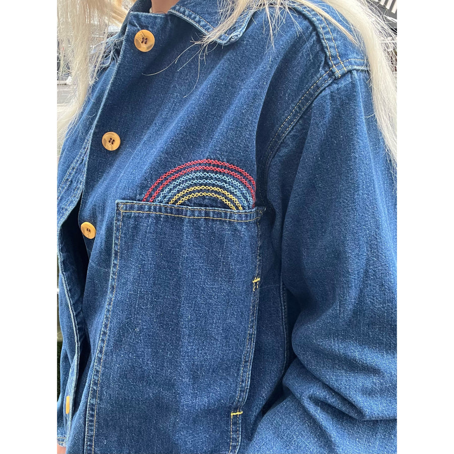 2000s denim jacket with rainbow topstitch