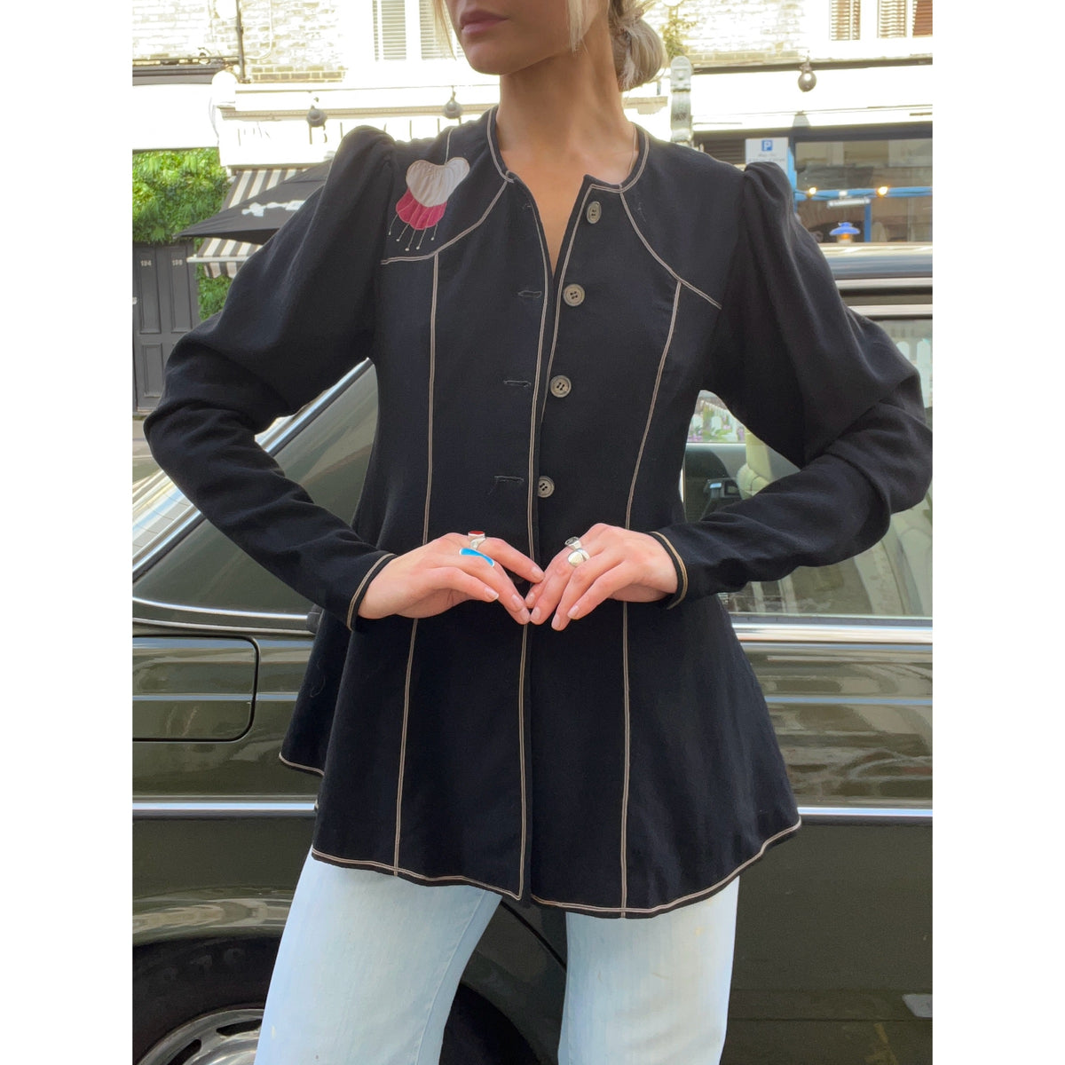 1970s crepe appliqué jacket black