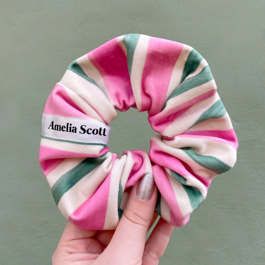 Amelia pink & green stripe velvet scrunchie