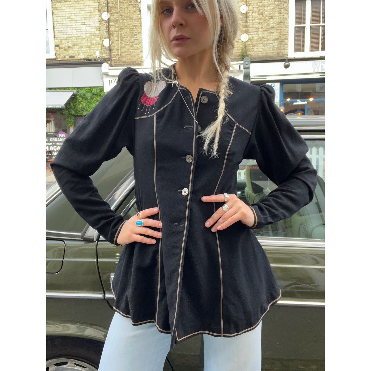 1970s crepe appliqué jacket black