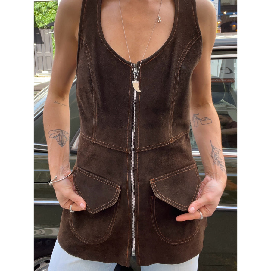 1970s suede zip vest brown