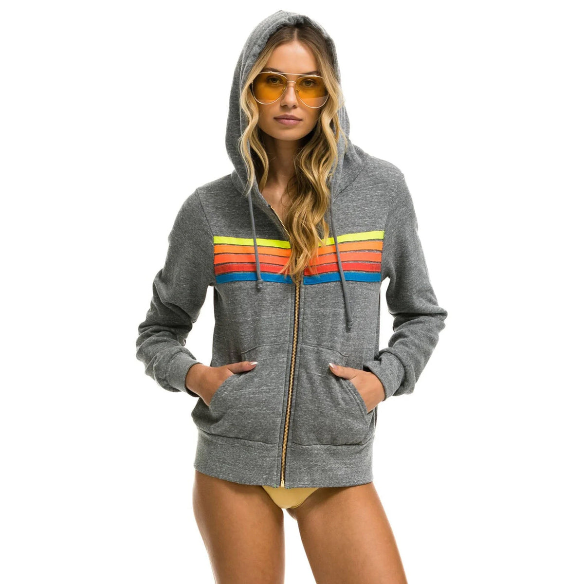 5 Stripe Zip Hoodie Heather Grey/Neon Rainbow