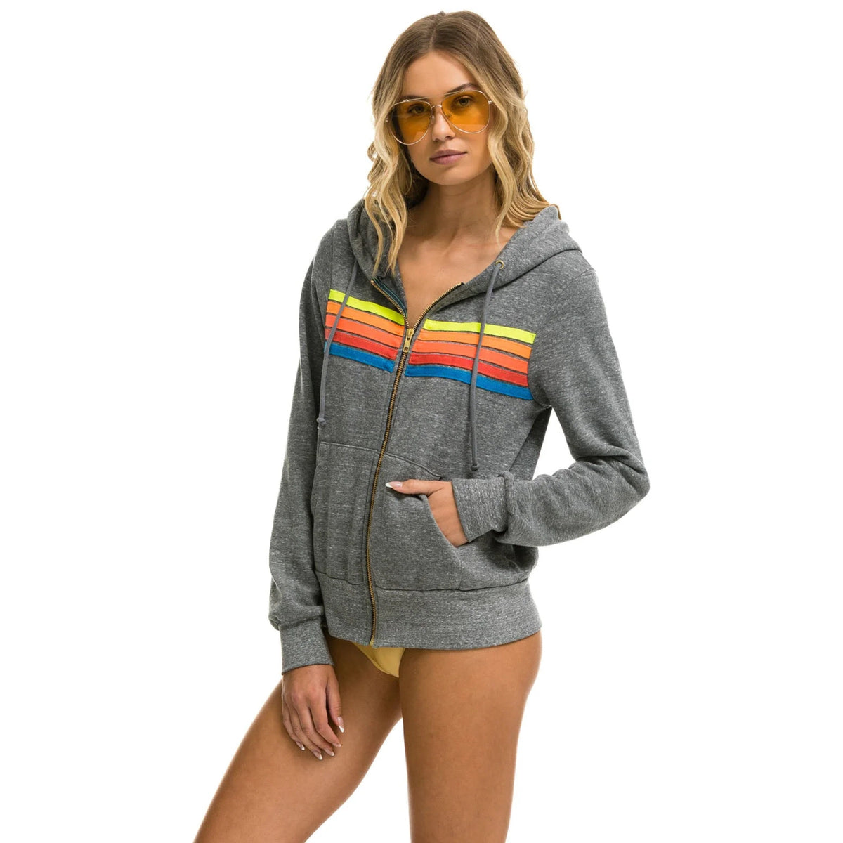 5 Stripe Zip Hoodie Heather Grey/Neon Rainbow