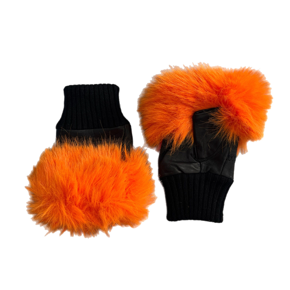 Faux Fur Neon Orange Fingerless Gloves