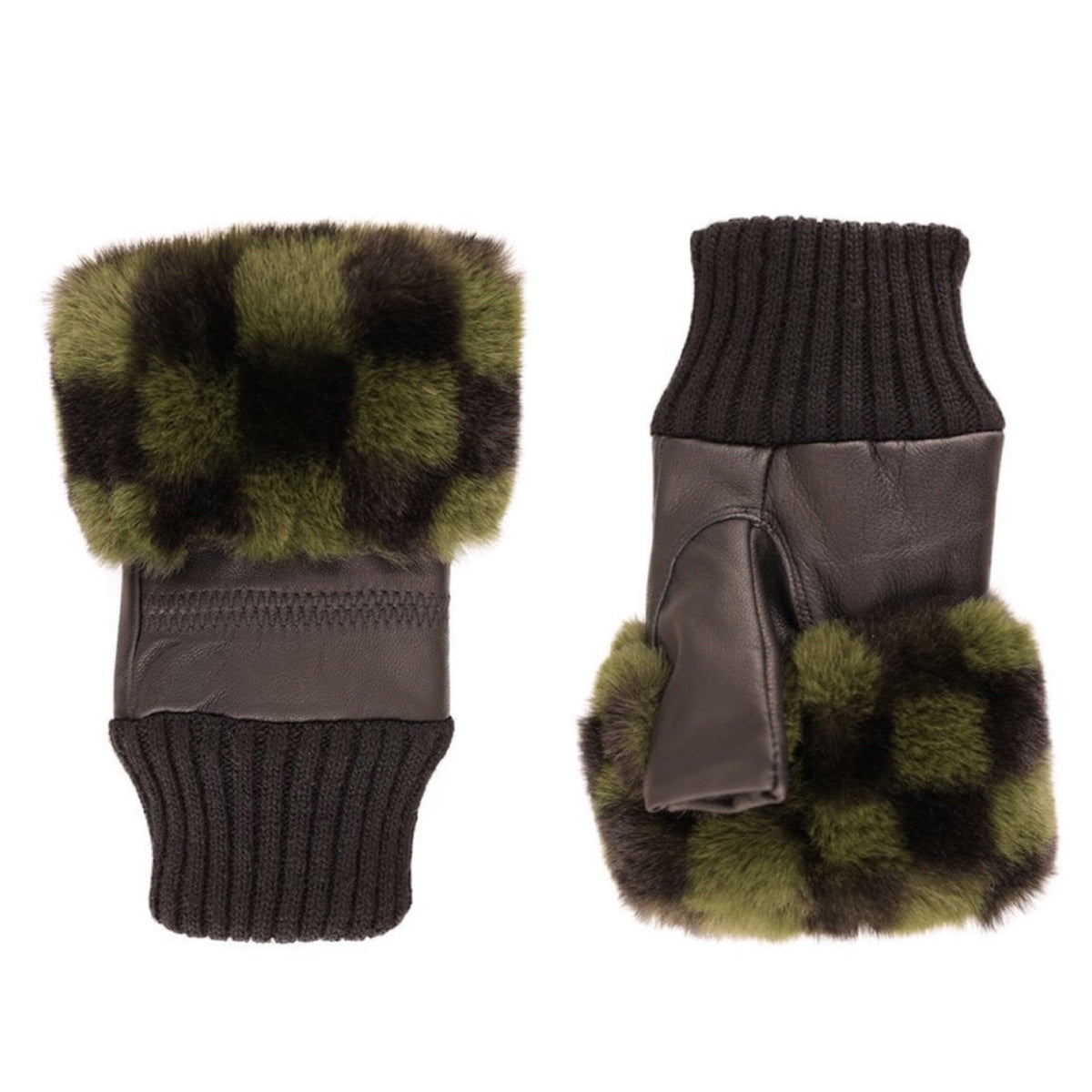 Jayley Faux Fur Check Green Fingerless Gloves