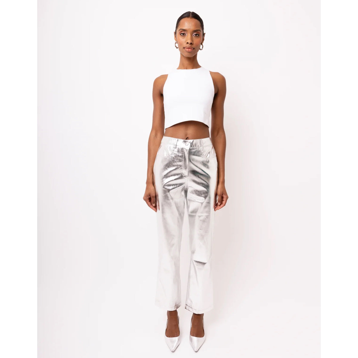 Amy Lynn Mid Rise Faux Leather Silver Trouser