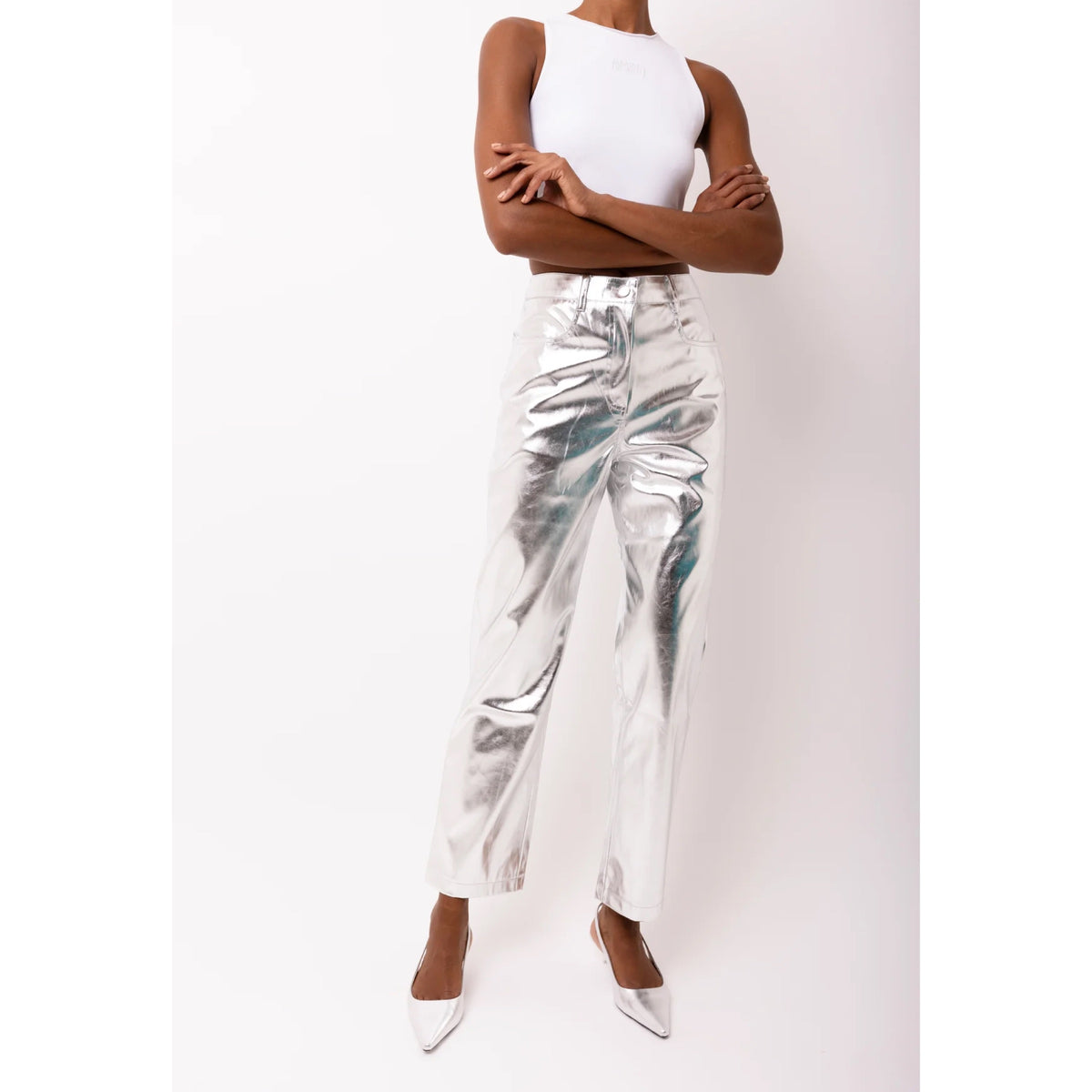 Amy Lynn Mid Rise Faux Leather Silver Trouser