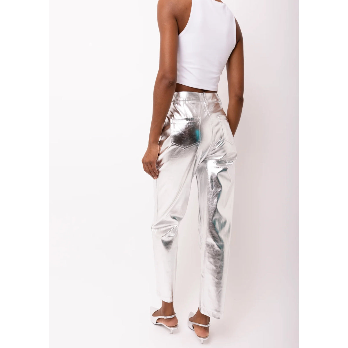 Amy Lynn Mid Rise Faux Leather Silver Trouser