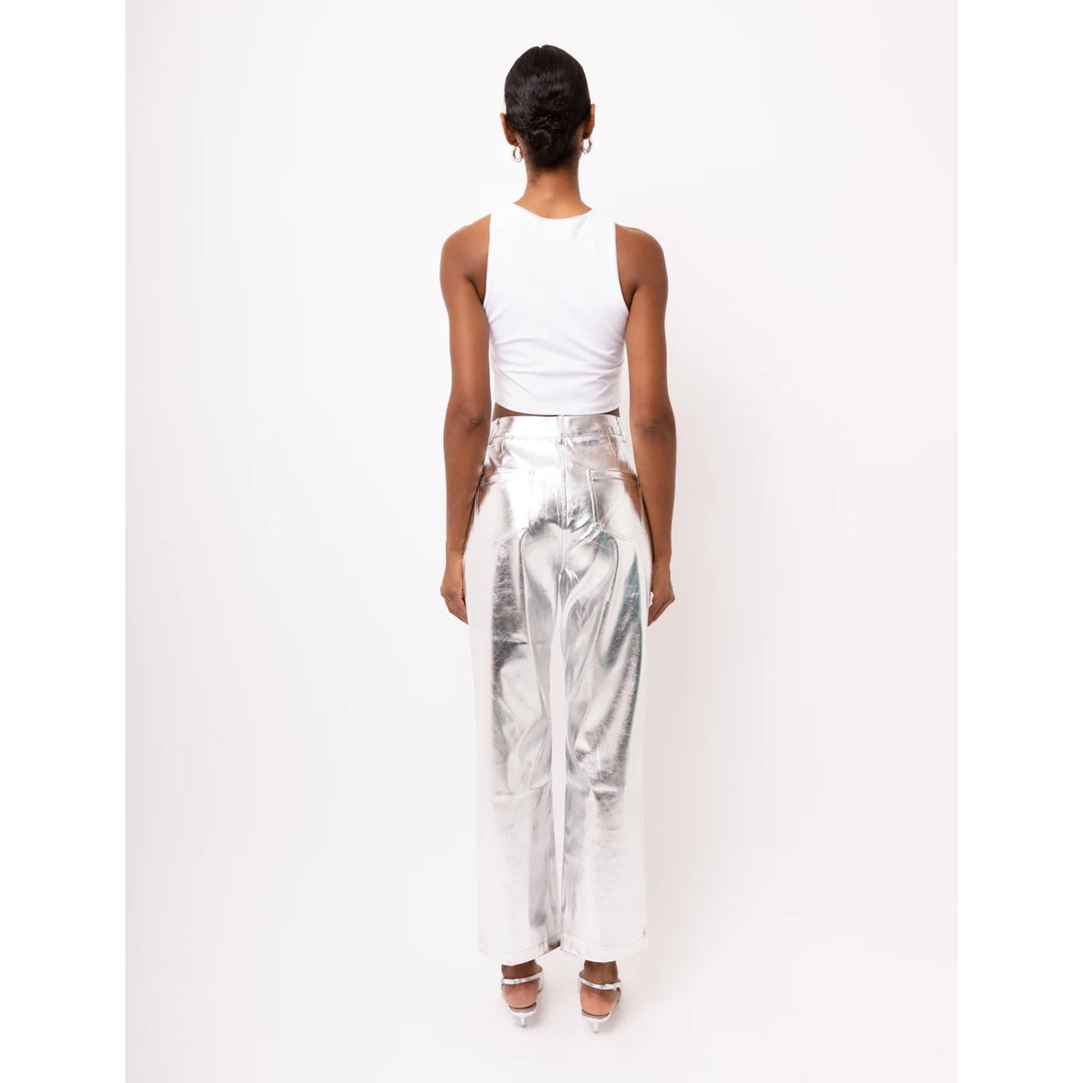 Amy Lynn Mid Rise Faux Leather Silver Trouser