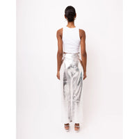 Amy Lynn Mid Rise Faux Leather Silver Trouser