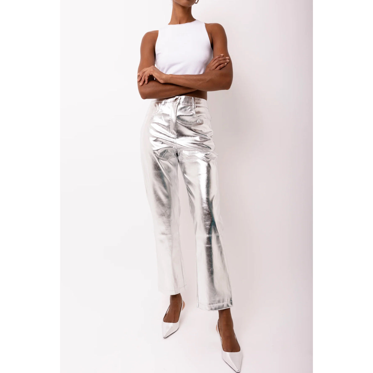 Amy Lynn Mid Rise Faux Leather Silver Trouser