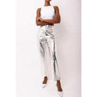 Amy Lynn Mid Rise Faux Leather Silver Trouser