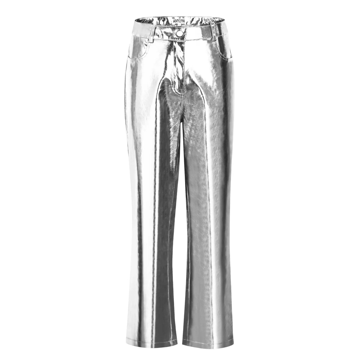 Amy Lynn Mid Rise Faux Leather Silver Trouser