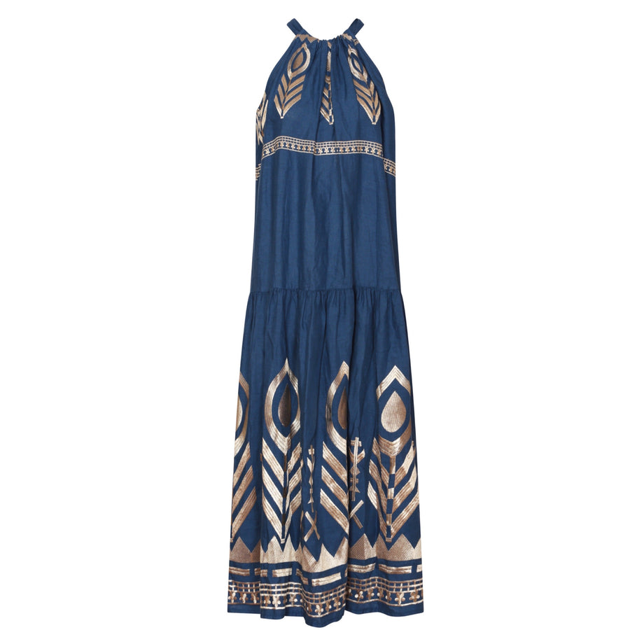 Kori Greek Archaic Long Feather Dress Halter Neck Indigo