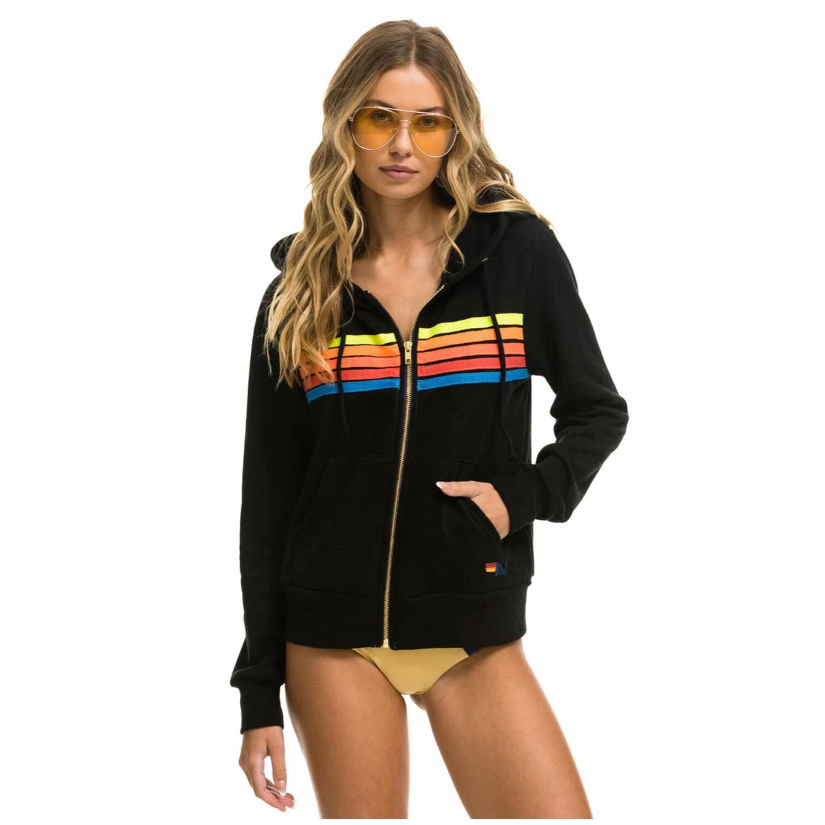 5 Stripe Zip Hoodie Black/Neon Rainbow