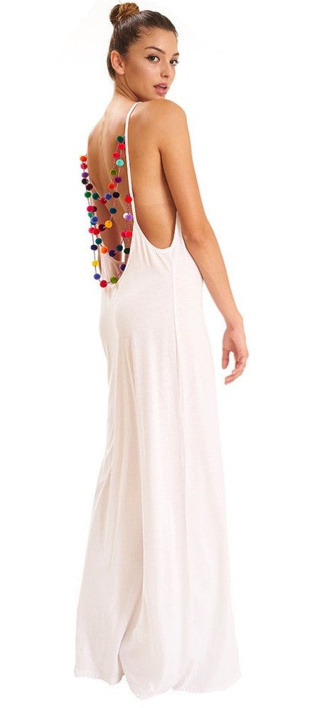 PITUSA Pom Pom necklace maxi dress white