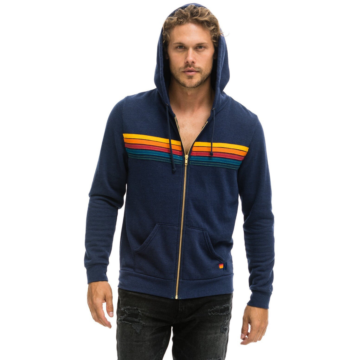 5 Stripe Zip Up Hoodie Navy