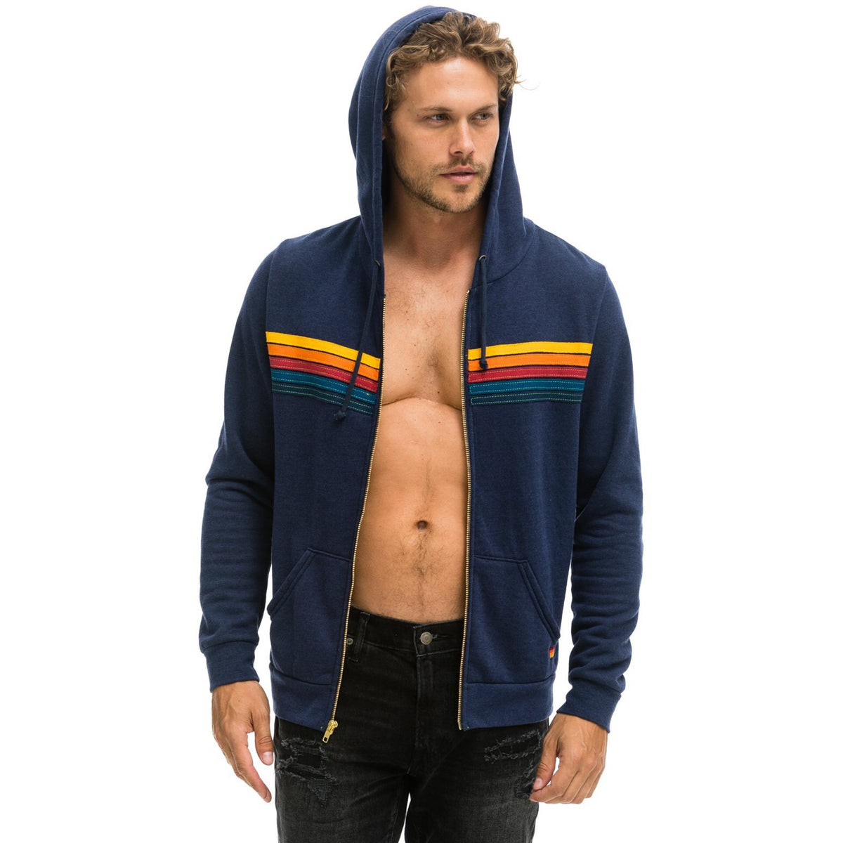 5 Stripe Zip Up Hoodie Navy